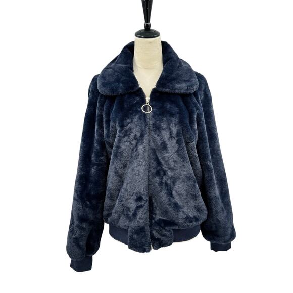 Molly Bracken Dark Navy Soft Faux Fur Wide Collar Zipper Bomber Jacket w Pockets - Picture 3 of 13